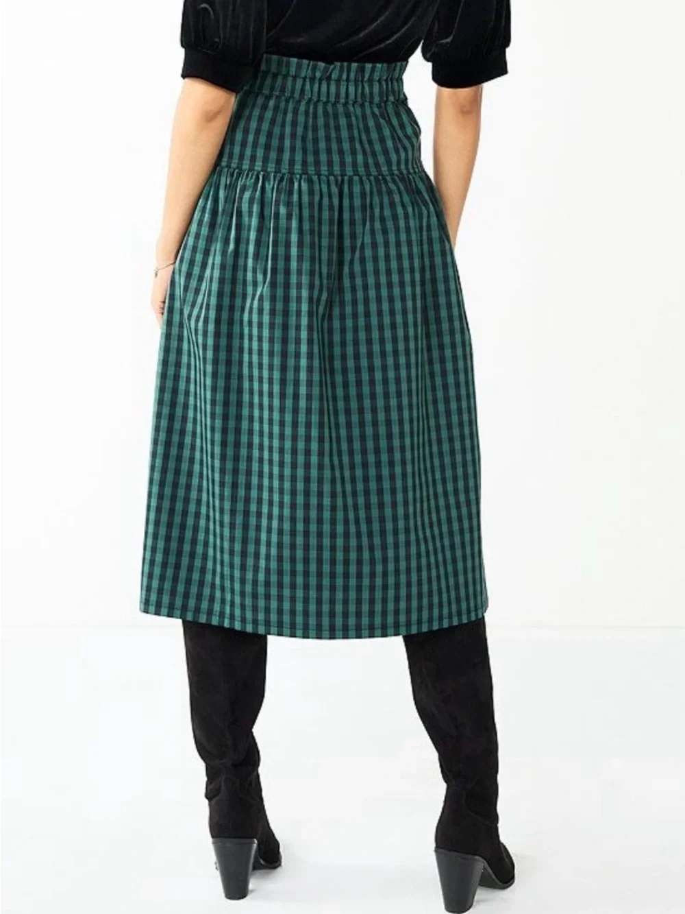 NWT DRAPER JAMES RSVP Paperbag Waist Midi gingham Skirt Bow Green